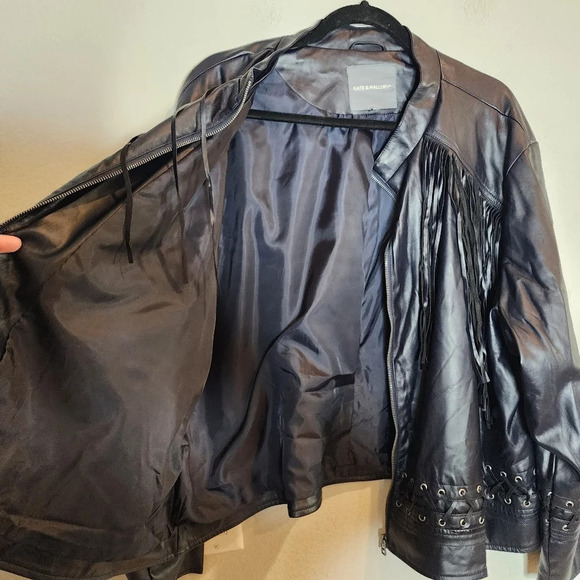 Kate & Mallory Vegan Leather Navy Blue fringe  lace up zip jacket. Women's 3X - Picture 14 of 16
